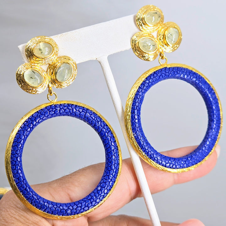 "Stingray Stunners" 3" Gemstone & Stingray Leather Hoop Earrings