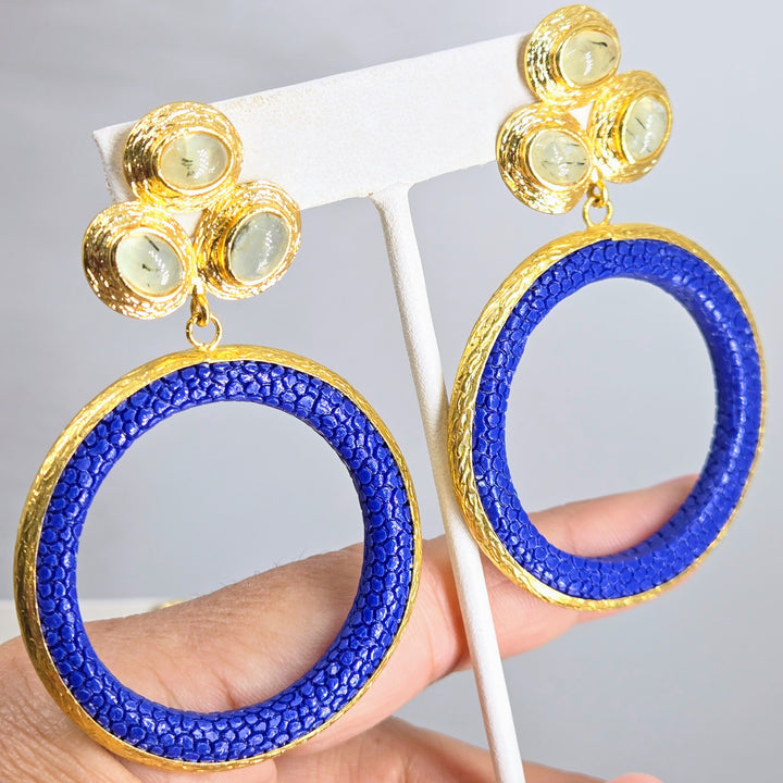 "Stingray Stunners" 3" Gemstone & Stingray Leather Hoop Earrings