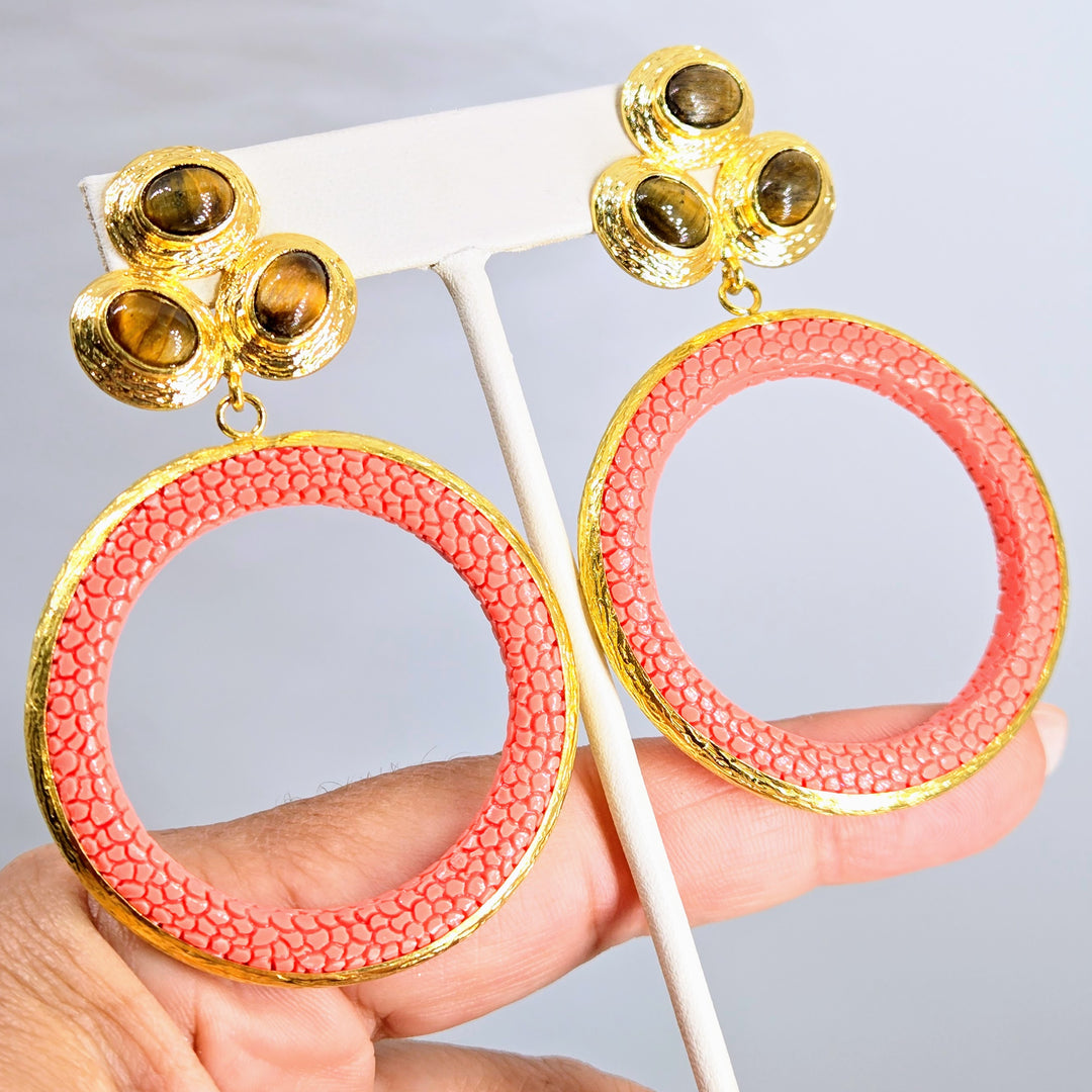 "Stingray Stunners" 3" Gemstone & Stingray Leather Hoop Earrings