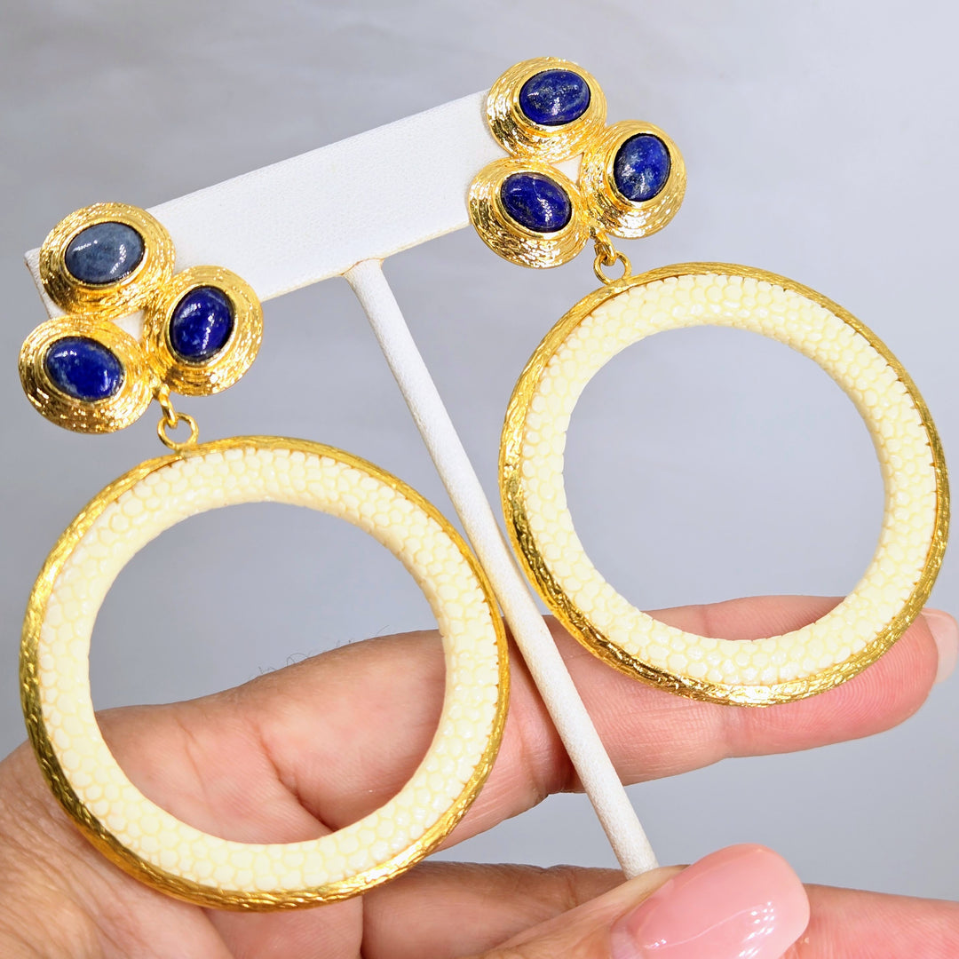 "Stingray Stunners" 3" Gemstone & Stingray Leather Hoop Earrings