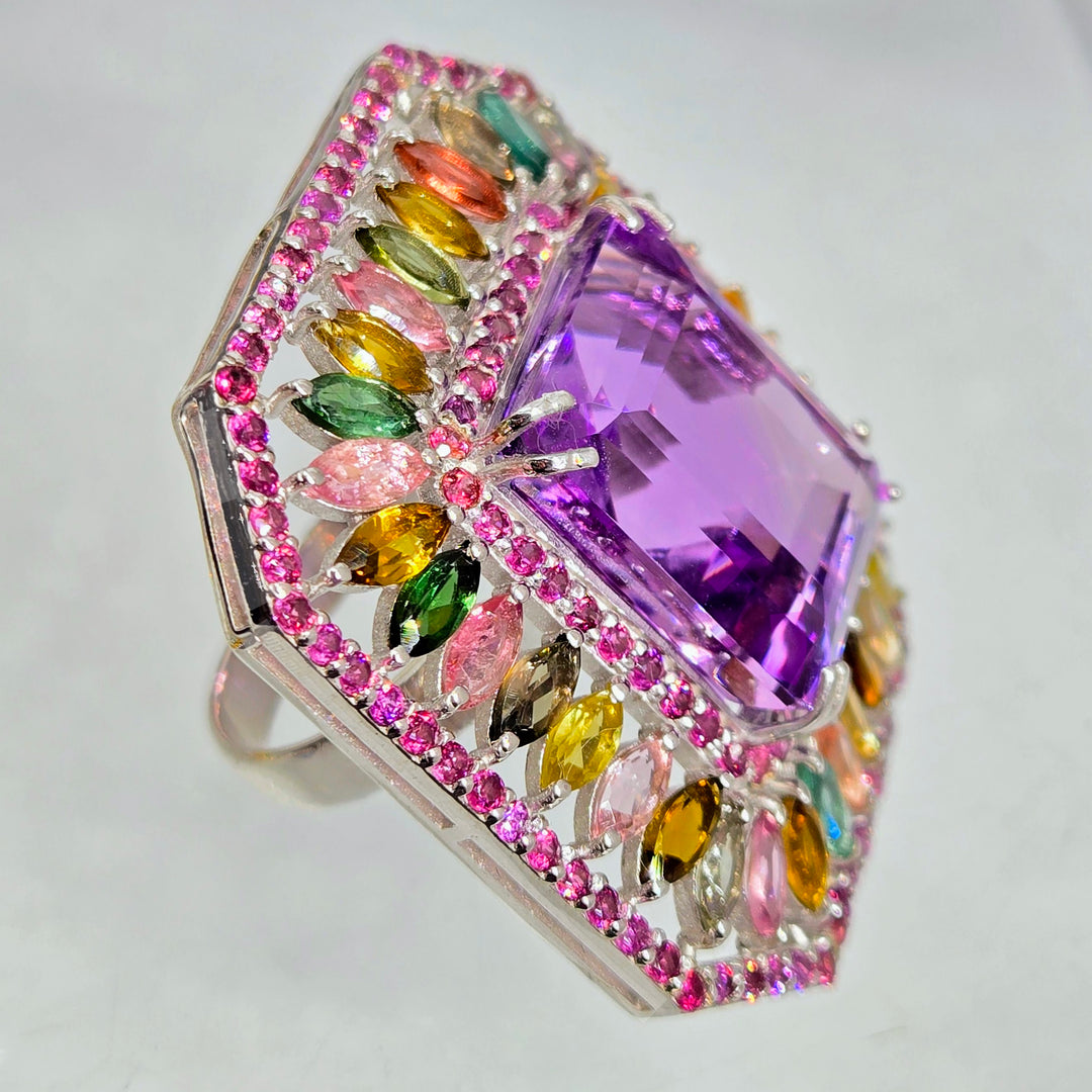 "Fantasia" Sz 6 Amethyst, Rhodolite & Tourmaline Deco-style Ring