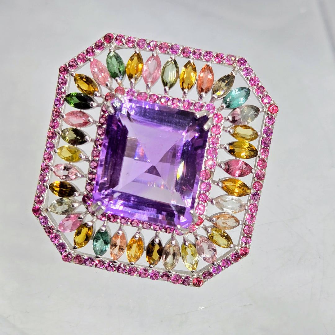 "Fantasia" Sz 6 Amethyst, Rhodolite & Tourmaline Deco-style Ring