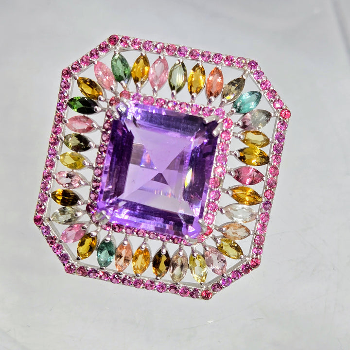 "Fantasia" Sz 6 Amethyst, Rhodolite & Tourmaline Deco-style Ring