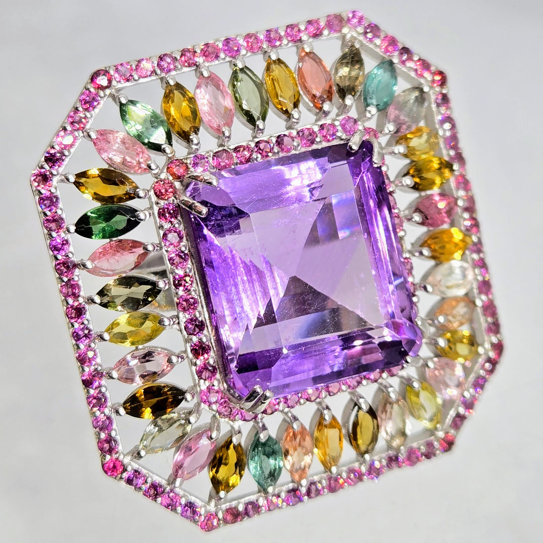 "Fantasia" Sz 6 Amethyst, Rhodolite & Tourmaline Deco-style Ring