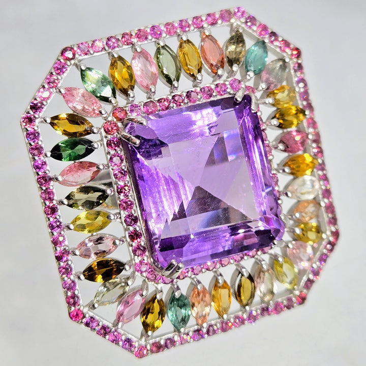 "Fantasia" Sz 6 Amethyst, Rhodolite & Tourmaline Deco-style Ring