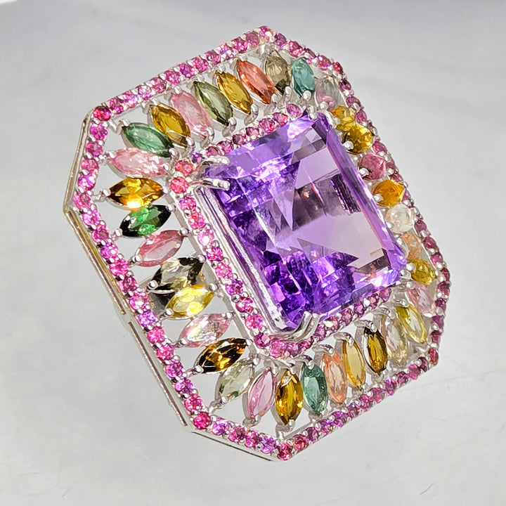 "Fantasia" Sz 6 Amethyst, Rhodolite & Tourmaline Deco-style Ring