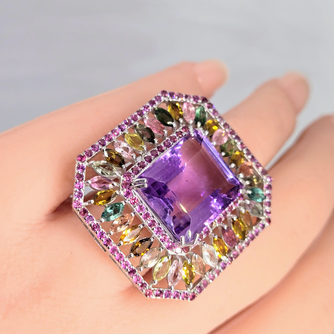 "Fantasia" Sz 6 Amethyst, Rhodolite & Tourmaline Deco-style Ring