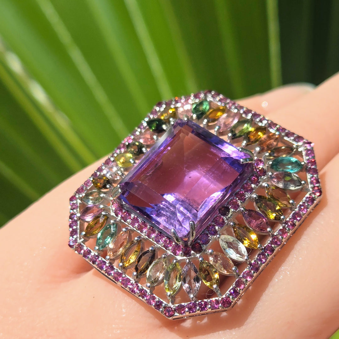 "Fantasia" Sz 6 Amethyst, Rhodolite & Tourmaline Deco-style Ring