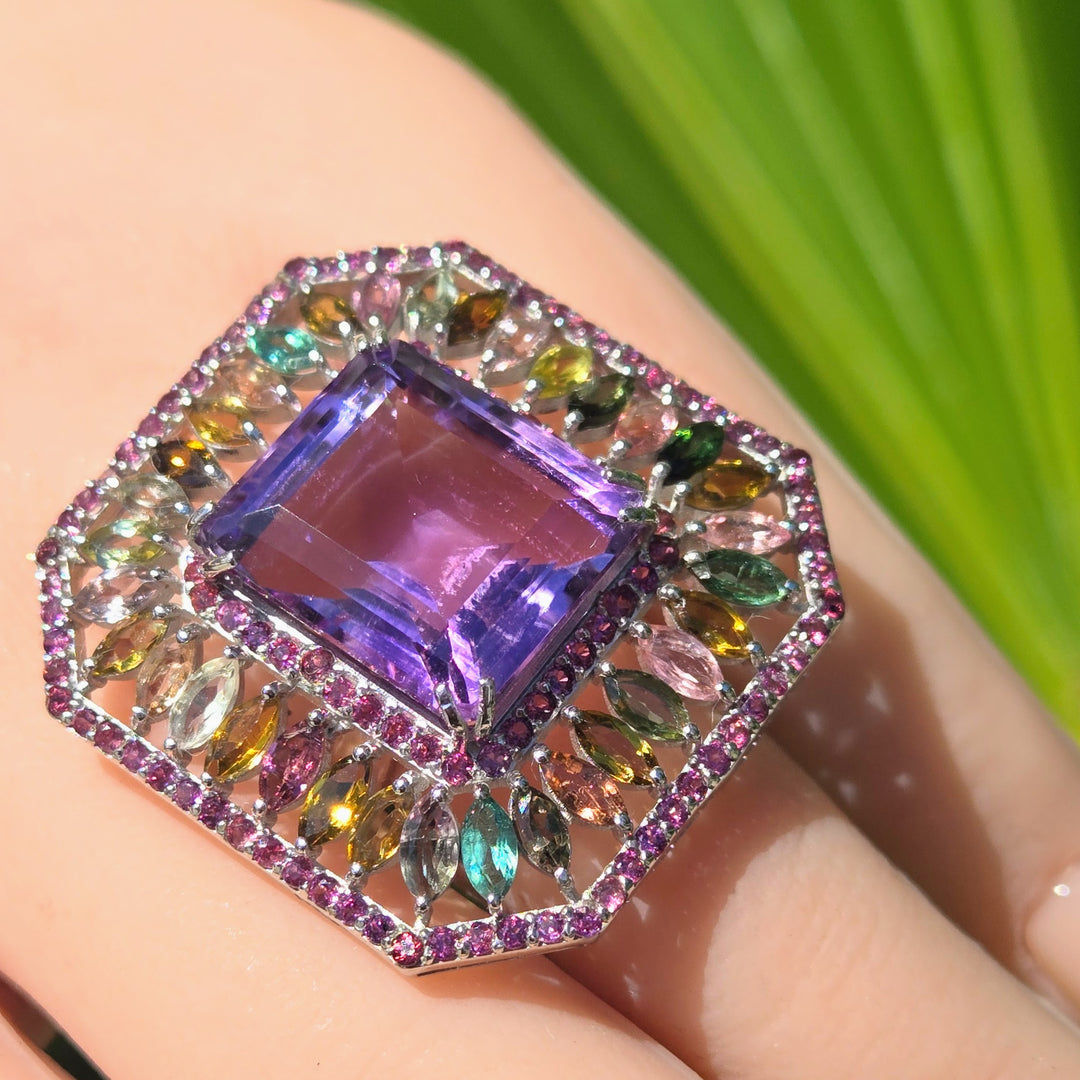 "Fantasia" Sz 6 Amethyst, Rhodolite & Tourmaline Deco-style Ring