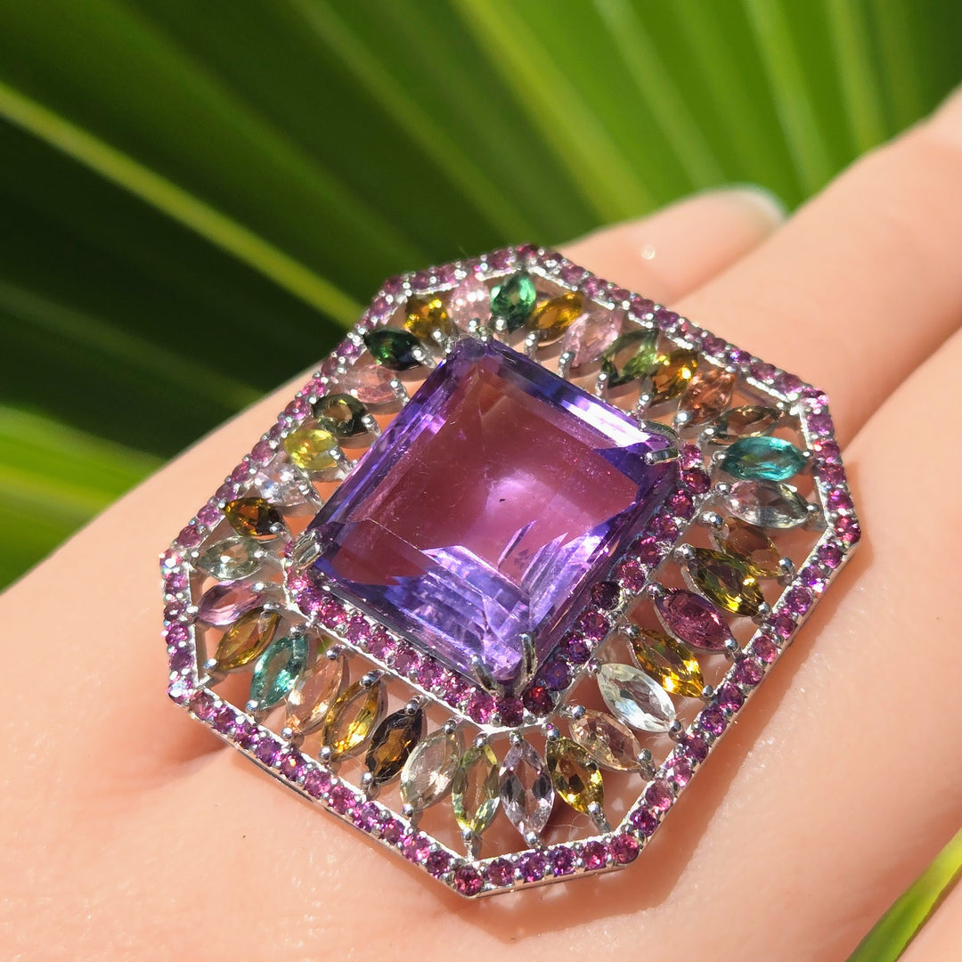 "Fantasia" Sz 6 Amethyst, Rhodolite & Tourmaline Deco-style Ring