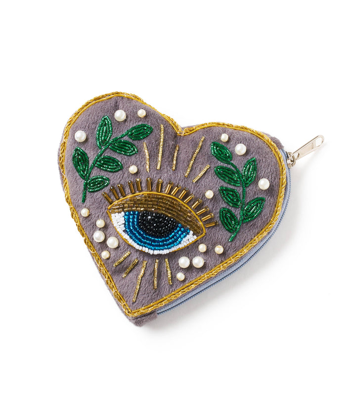 "I HEART YOU!" Beaded Heart Zippered Coin Purse Pouch