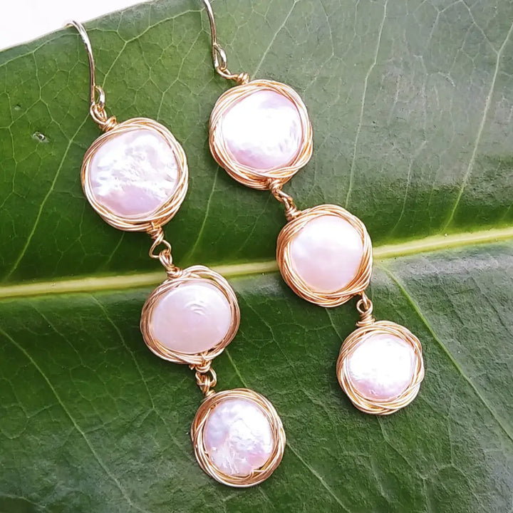 ?3 Coins in a Fountain’ 2’’ Earrings - Coin Pearl Gold Filled Wire Wrap