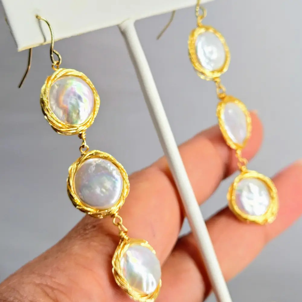 ?3 Coins in a Fountain’ 2’’ Earrings - Coin Pearl Gold Filled Wire Wrap