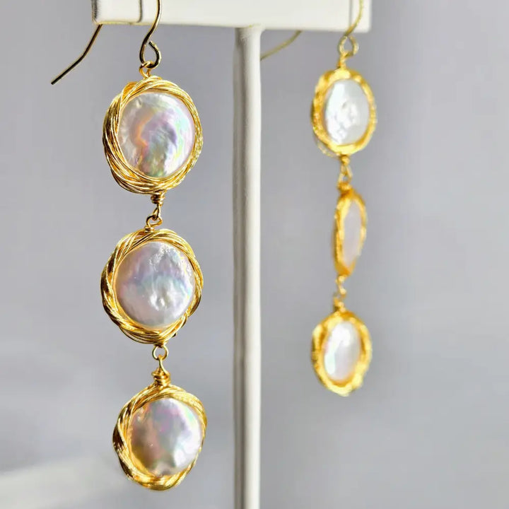 ?3 Coins in a Fountain’ 2’’ Earrings - Coin Pearl Gold Filled Wire Wrap