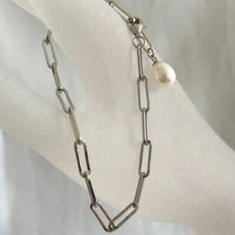 "Paperclip Pearl Drop" Adj. Up To 7.5" Bracelet - Pearl, Anti-tarnish Sterling or 18k Gold Sterling