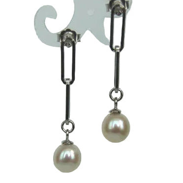 "Paperclip Pearl Drop" 1.25" Earrings - Pearl, Anti-tarnish Sterling or 18k Gold Sterling