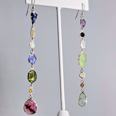 "Shoulder Dusters" 4" Earrings - Mixed Gems, Sterling or Gold Sterling