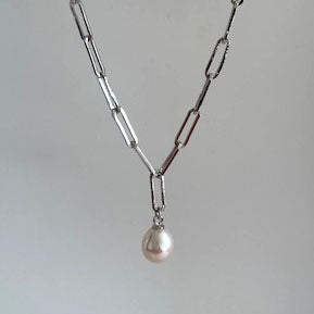 "Paperclip Pearl Drop" Adj. Up To 18" Necklace - Pearl, 18k Gold Sterling