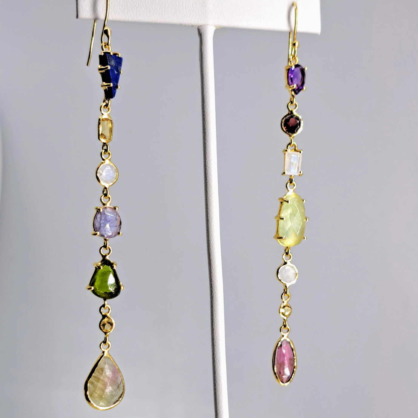 "Shoulder Dusters" 4" Earrings - Mixed Gems, Sterling or Gold Sterling