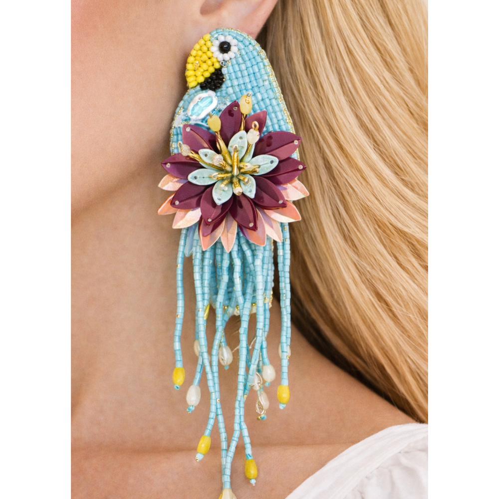 Light Blue Parrot Dangle Earrings Handmade Beaded Jewelry – view 4