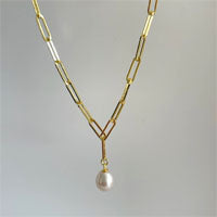 "Paperclip Pearl Drop" Adj. Up To 18" Necklace - Pearl, 18k Gold Sterling
