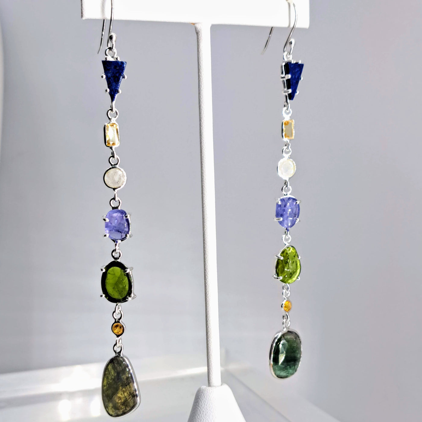 "Shoulder Dusters" 4" Earrings - Mixed Gems, Sterling or Gold Sterling