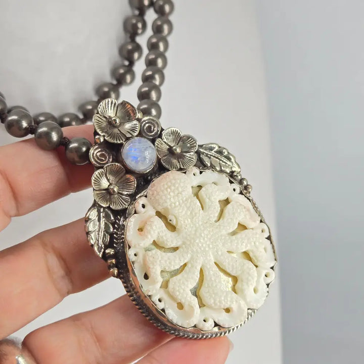 ?8-arm Mandala’ Hand-carved Bone Octopus Pendant Necklace - Key West Local Luxe