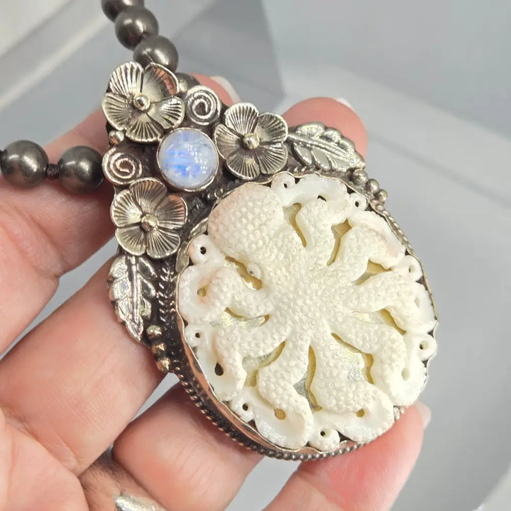 ?8-arm Mandala’ Hand-carved Bone Octopus Pendant Necklace - Key West Local Luxe