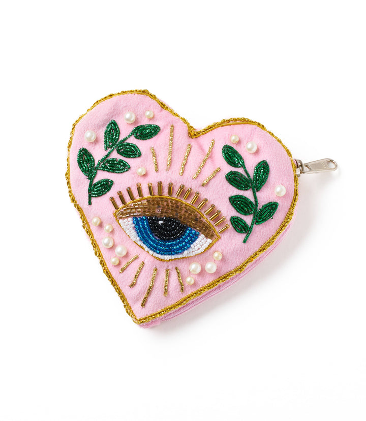 "I HEART YOU!" Beaded Heart Zippered Coin Purse Pouch