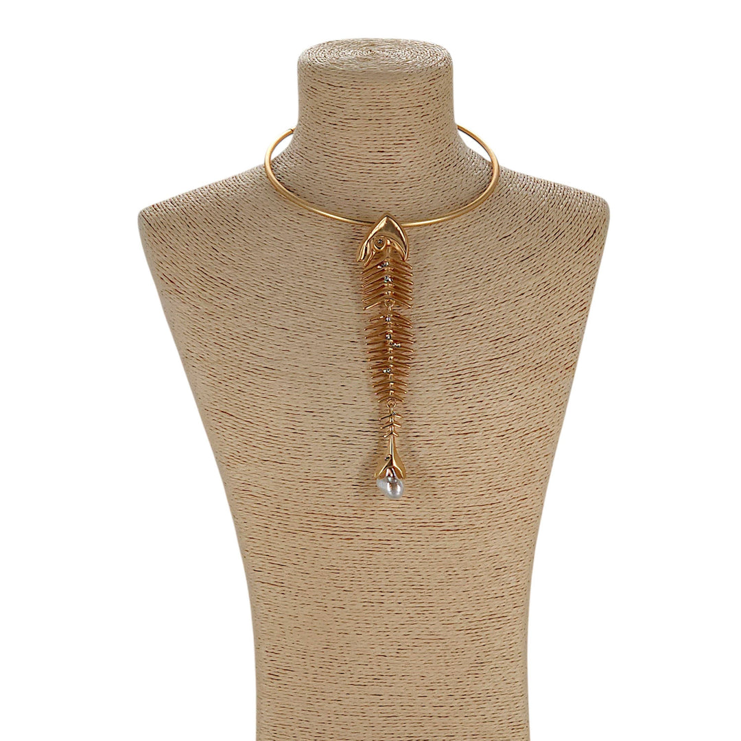Vintage Gold Fish Bone Skeleton Collar Necklace | Statement – view 3