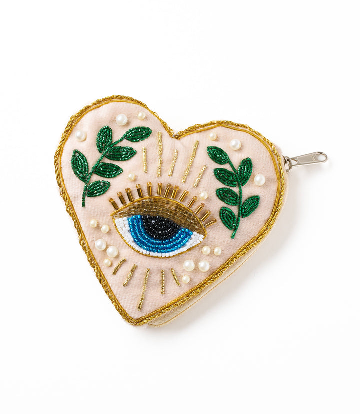"I HEART YOU!" Beaded Heart Zippered Coin Purse Pouch