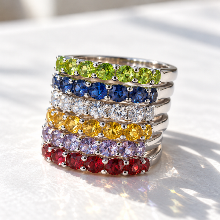"Kisses" Sz 6-9 Half Band Rings - 3.5mm Gemstones, Anti-tarnish Sterling