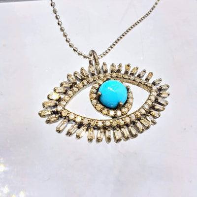 "Sparkly Eyes" Pendant Necklace - Turquoise, Diamonds, .925