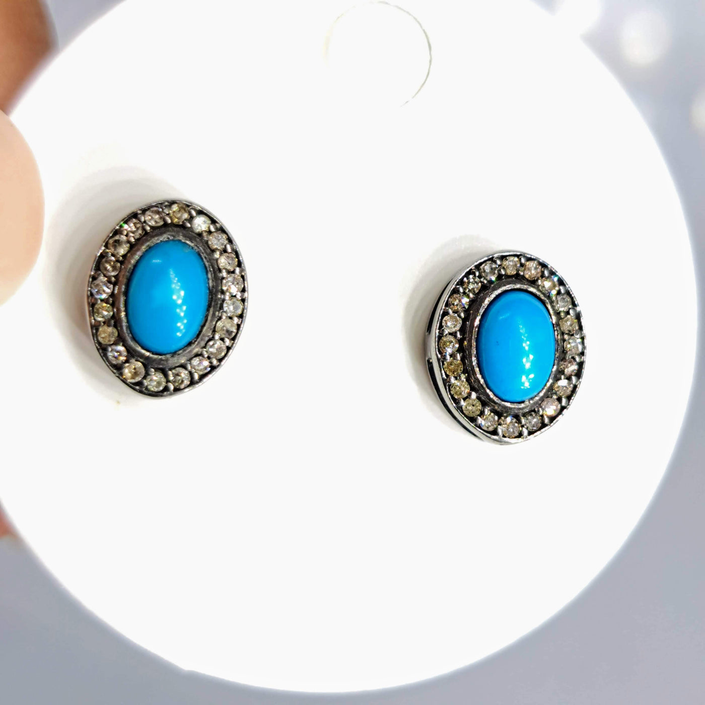 "Sleeping Beauty Studs" 3/8" Earrings - Turquoise, Diamond, Black Sterling
