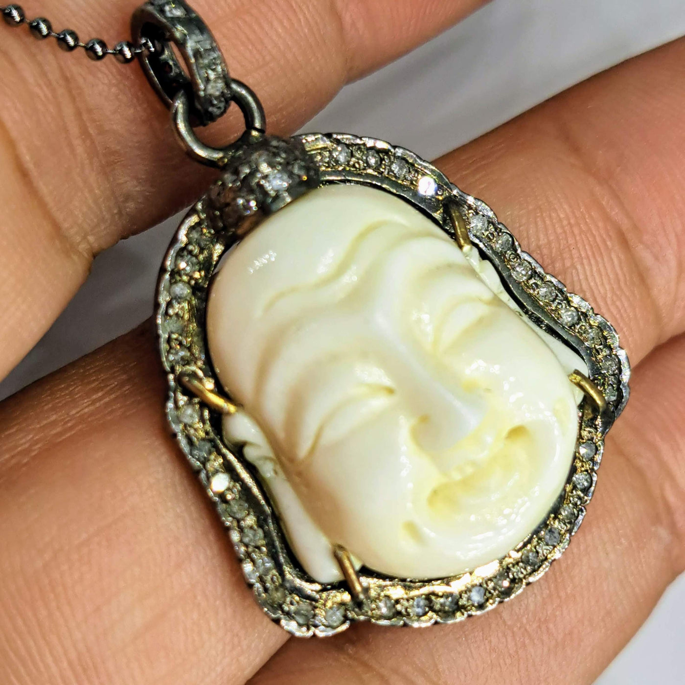 "Happy Necklace" Pendant - Diamond, Carved Bone, Black Sterling