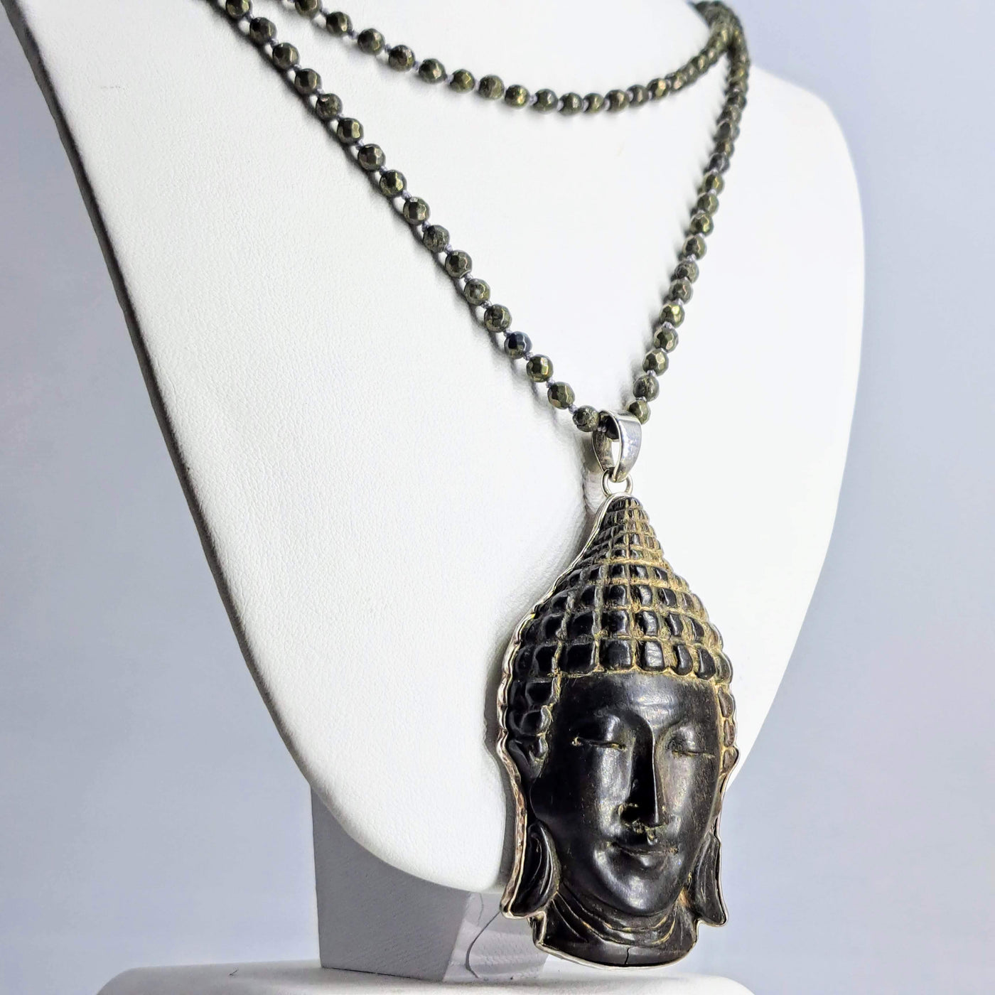 "Buddha Wood Good" 36" Convertible Pendant Necklace - Ebony, Sterling, Pyrite