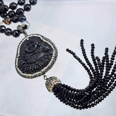 "Black Is Beautiful" Pendant Necklace - Glass, Swarovski, Agate