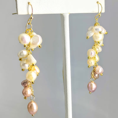 "Champagne Fizz" 2.75" Earrings - Pearls, Gold Sterling