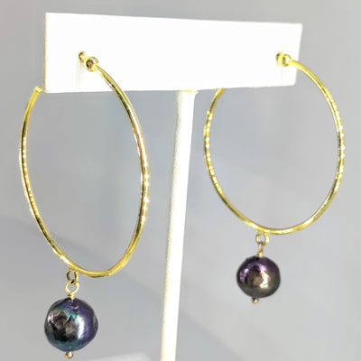 "Pearl Hoopin'" 2.25" Earrings - Peacock Pearls, Gold Sterling
