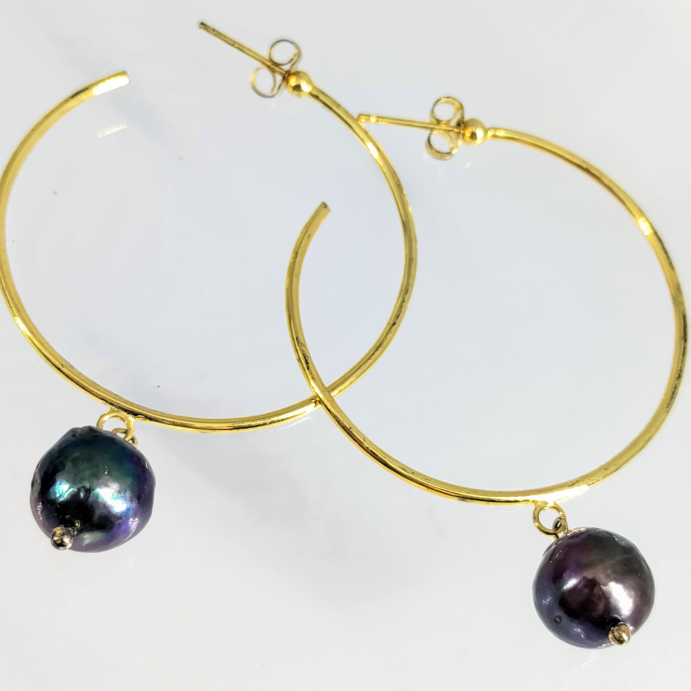 "Pearl Hoopin'" 2.25" Earrings - Peacock Pearls, Gold Sterling