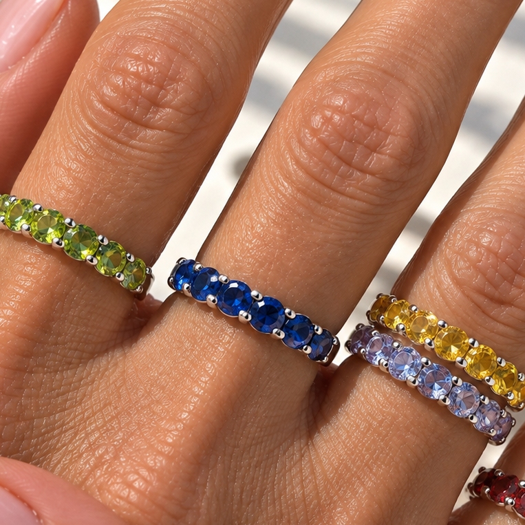 "Kisses" Sz 6-9 Half Band Rings - 3.5mm Gemstones, Anti-tarnish Sterling