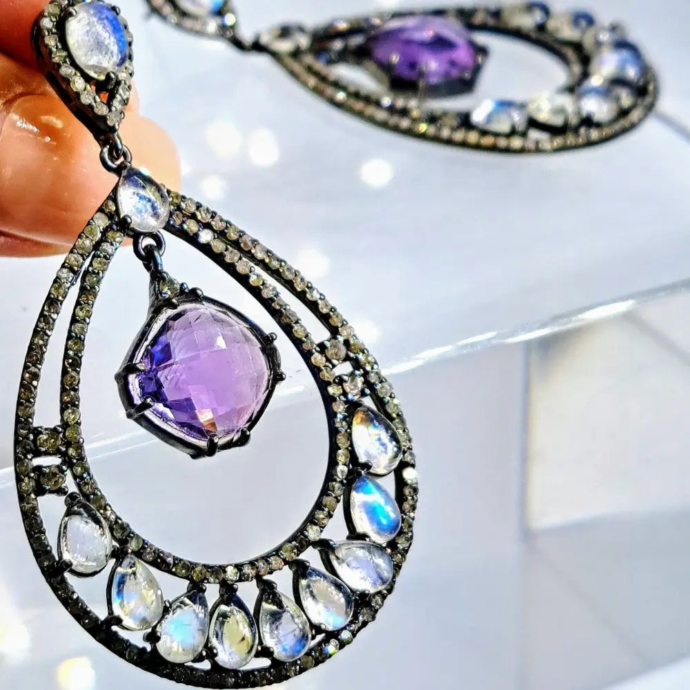 ?AFter Glow’ 2.75’’ Earrings - Moonstone Diamonds Amethyst Black Sterling