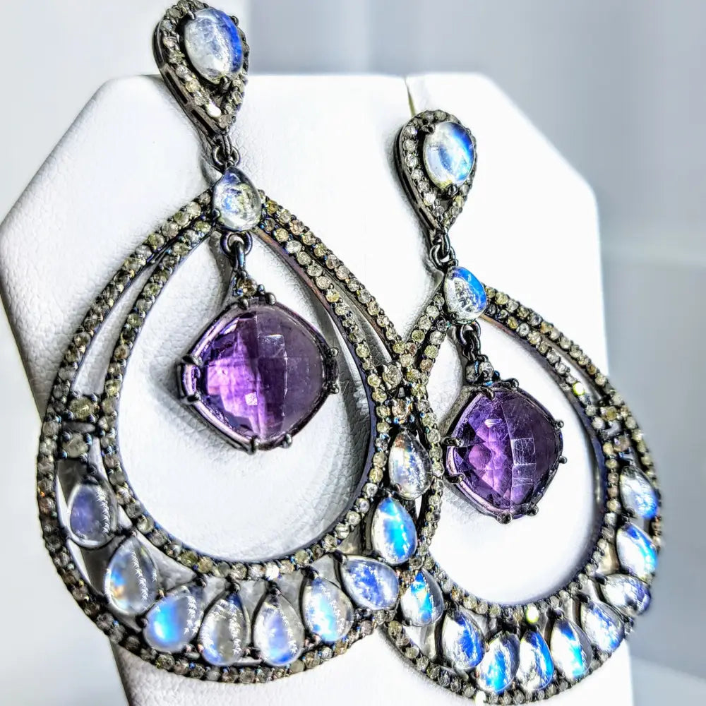 ?AFter Glow’ 2.75’’ Earrings - Moonstone Diamonds Amethyst Black Sterling