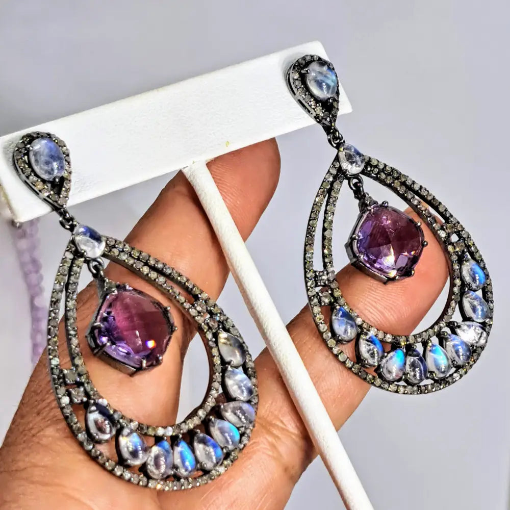 ?AFter Glow’ 2.75’’ Earrings - Moonstone Diamonds Amethyst Black Sterling