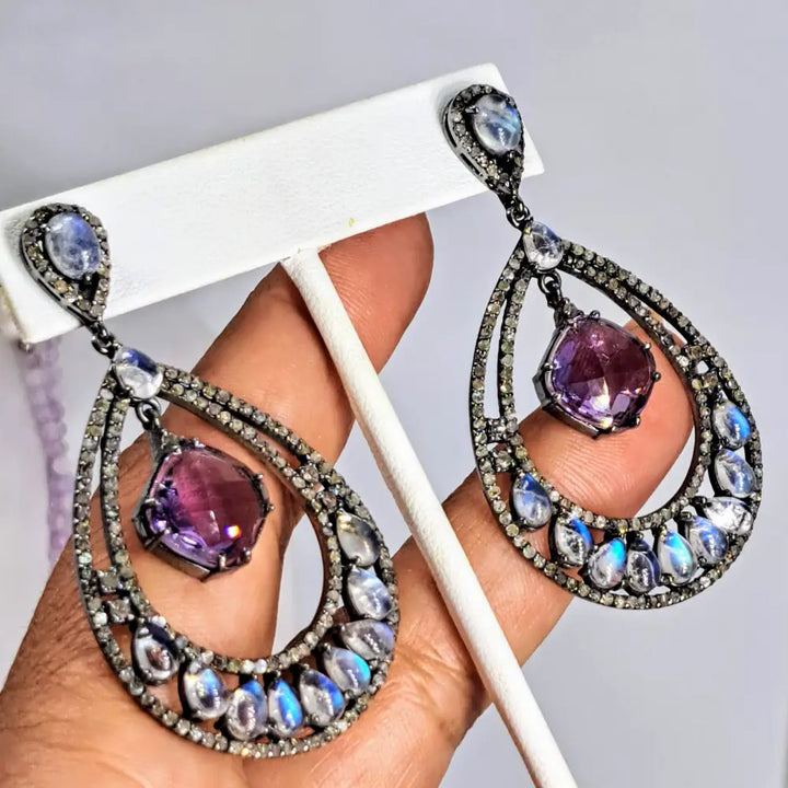 ?AFter Glow’ 2.75’’ Earrings - Moonstone Diamonds Amethyst Black Sterling