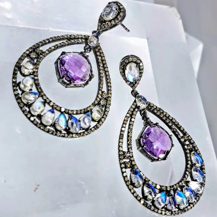 ?AFter Glow’ 2.75’’ Earrings - Moonstone Diamonds Amethyst Black Sterling