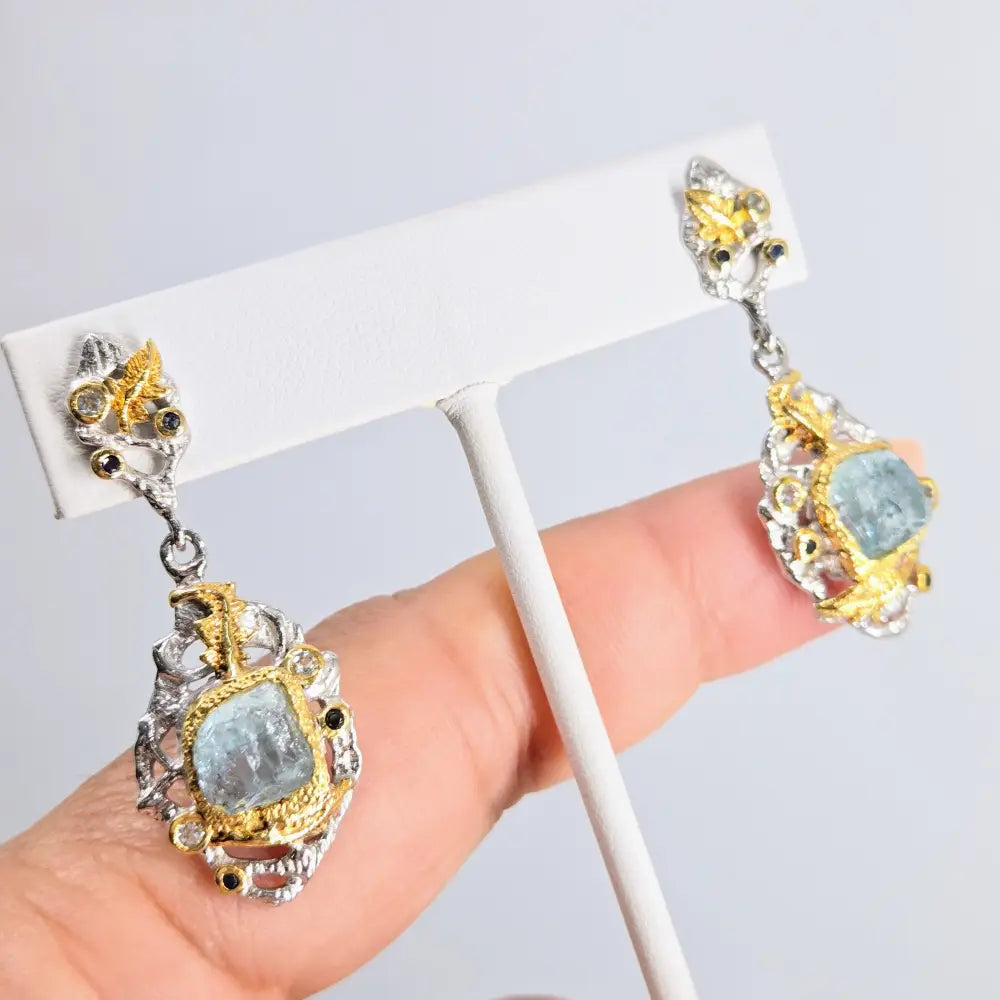 ?AGuas Frescas’ 1.75’’ Earrings - Aquamarine Sapphire Topaz Anti-tarnish Sterling 18k Gold