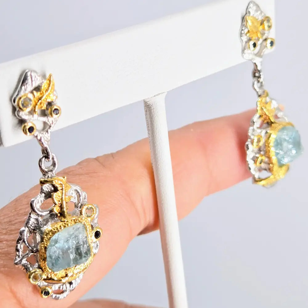 ?AGuas Frescas’ 1.75’’ Earrings - Aquamarine Sapphire Topaz Anti-tarnish Sterling 18k Gold