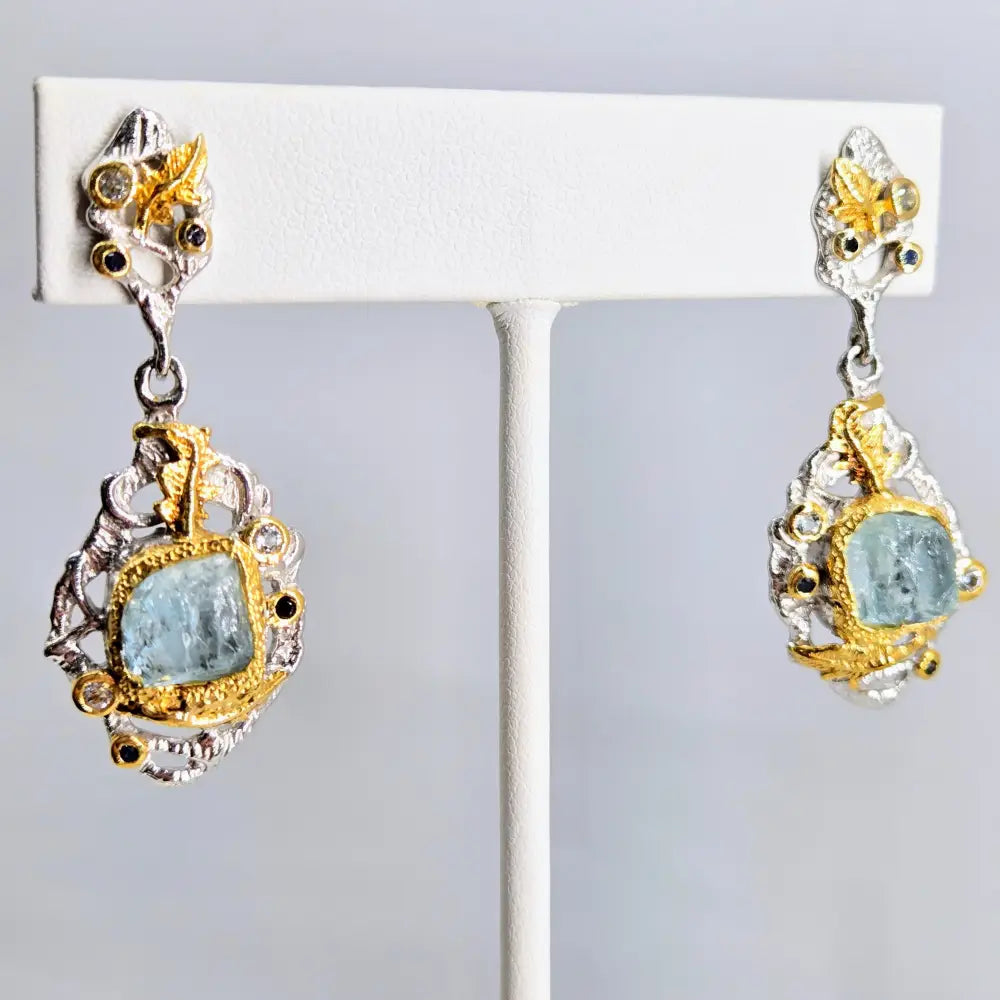 ?AGuas Frescas’ 1.75’’ Earrings - Aquamarine Sapphire Topaz Anti-tarnish Sterling 18k Gold