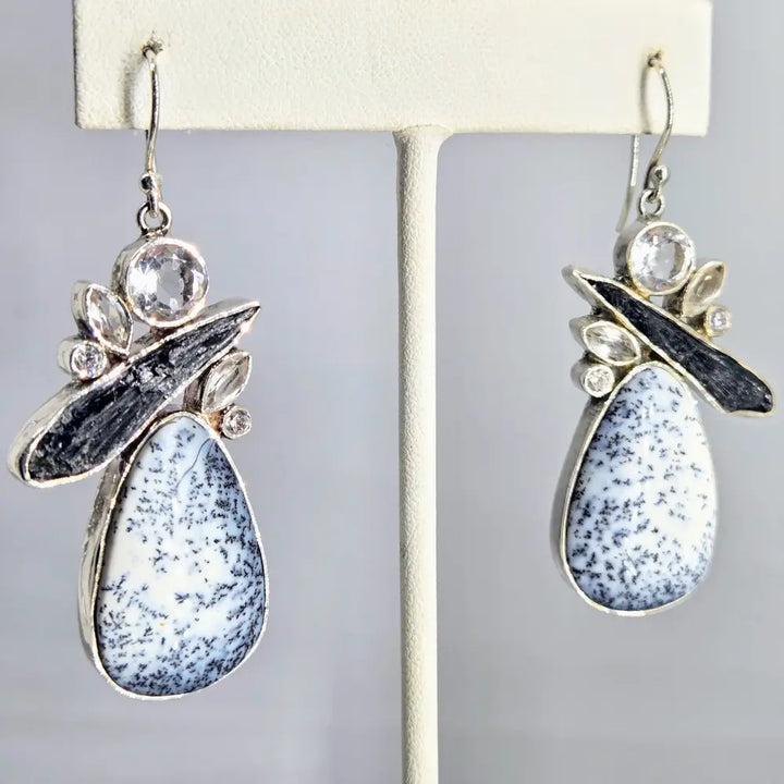 ?ALl in Black & White’ 2.25’’ Earrings - Dendritic Opal Kyanite Topaz Sterling